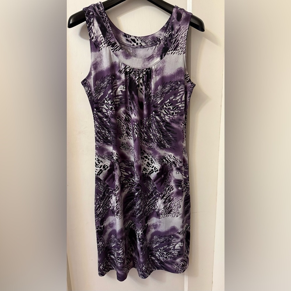 STRETCHY SLEEVELESS ROUND NECK PURPLE DRESS WITH SILVER/ BLACK ACCENTS
